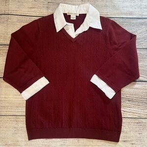Vintage‎ 90s Academia Sweater Top Womens Small Red Knit Preppy Fall Collared Y2k
